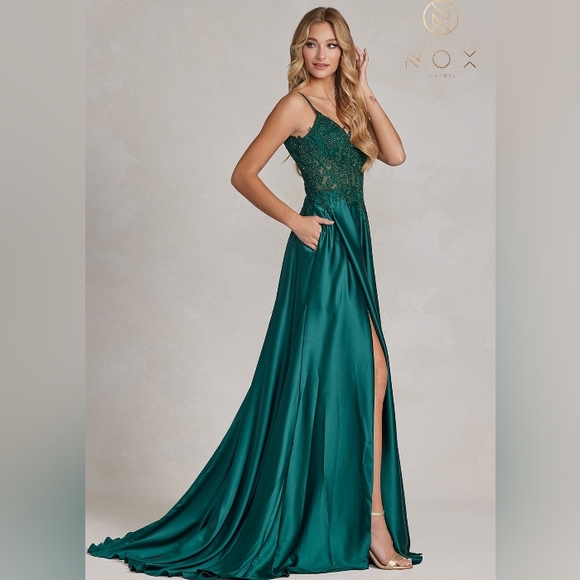 Royal or emerald lace applique beaded new long semi open back dress -  thearabicvoice.com